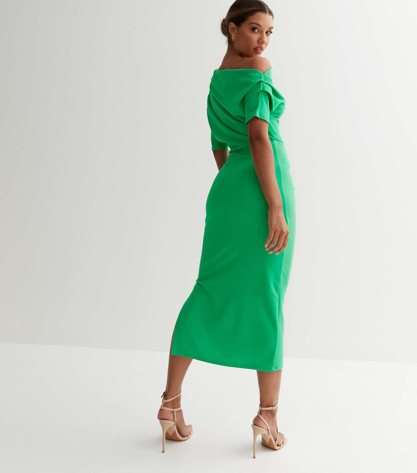 Green Scuba Asymmetric Ruched Midi Dress Image 4