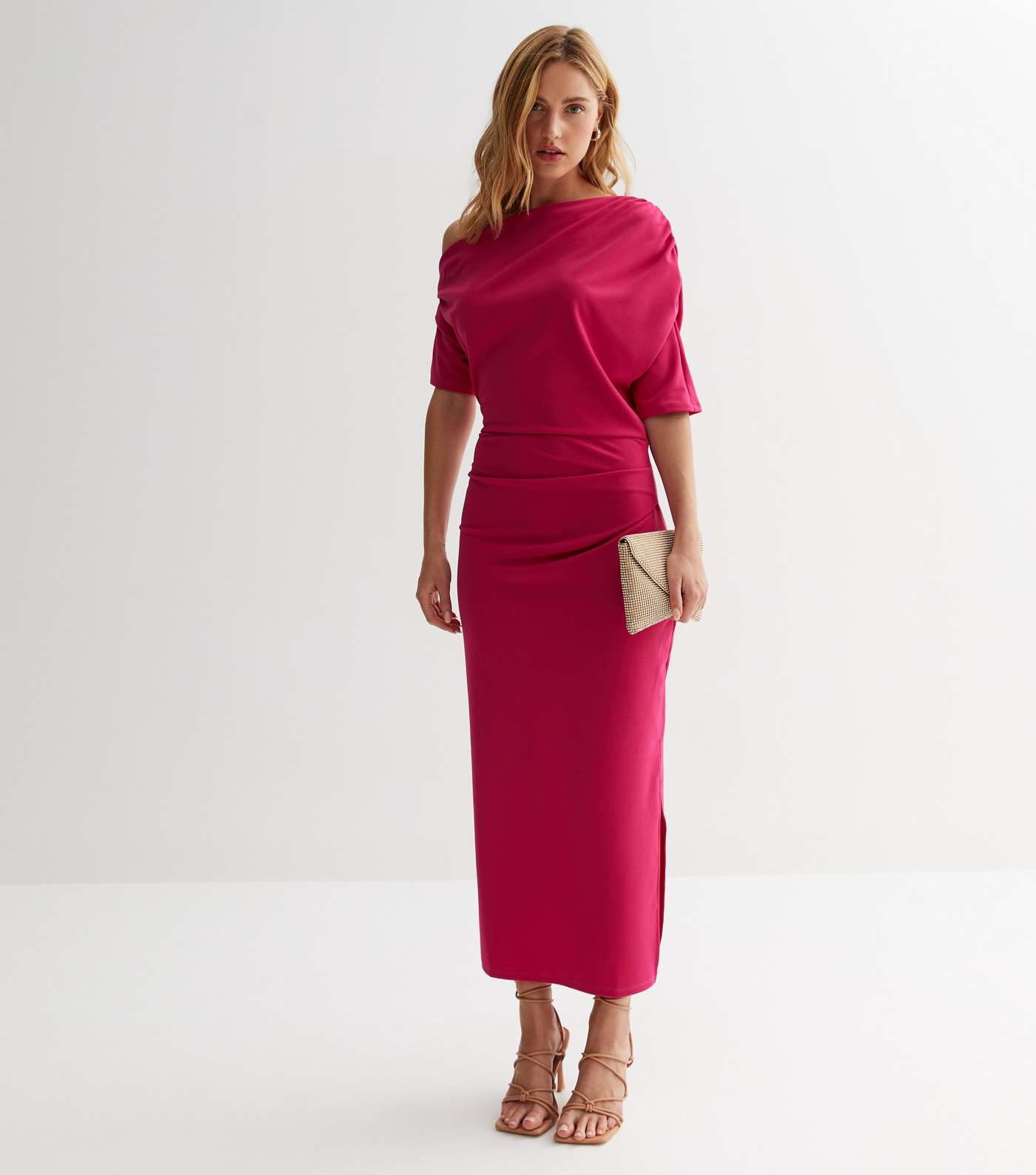 Pink Scuba Asymmetric Ruched Midi Dress Image 2