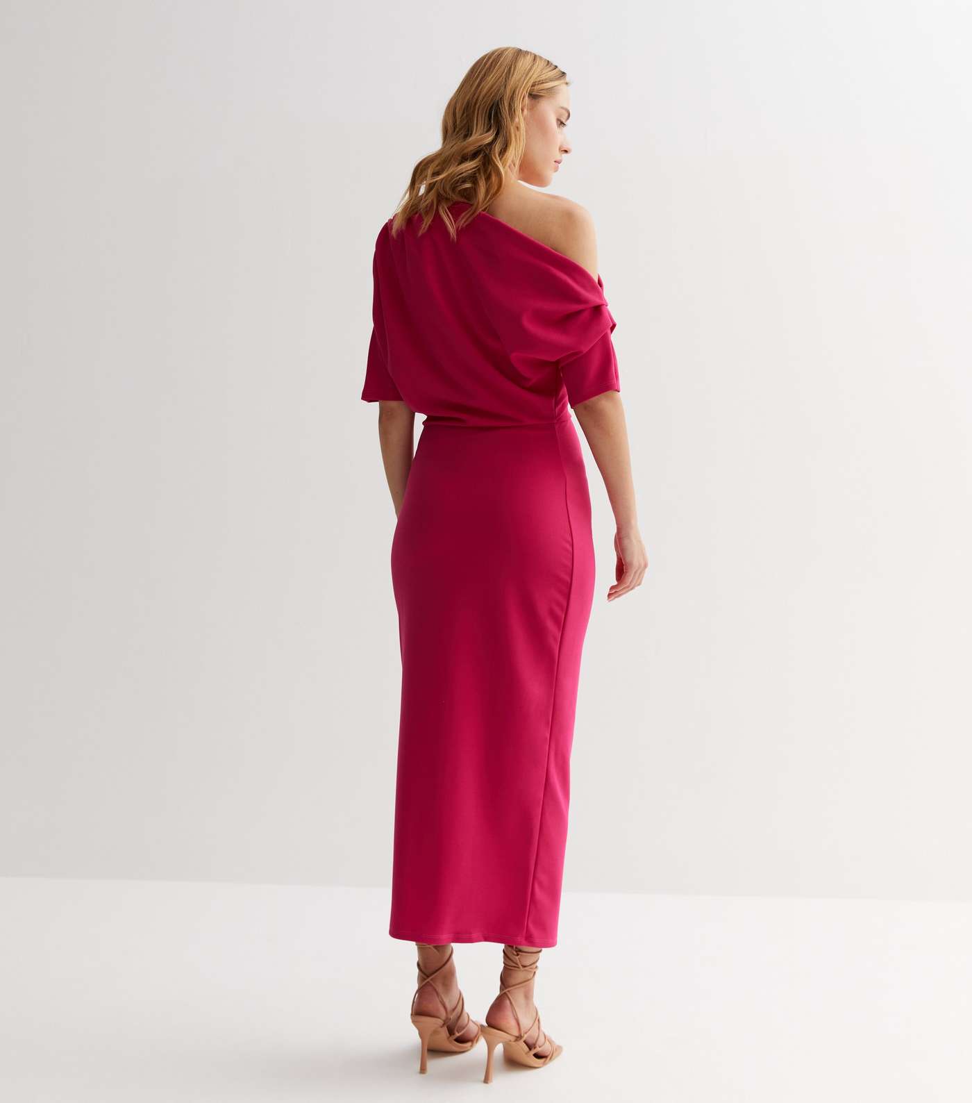 Pink Scuba Asymmetric Ruched Midi Dress Image 4