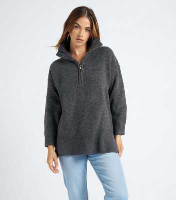 Urban Bliss Dark Grey Knit Zip Neck Oversized Sweatshirt