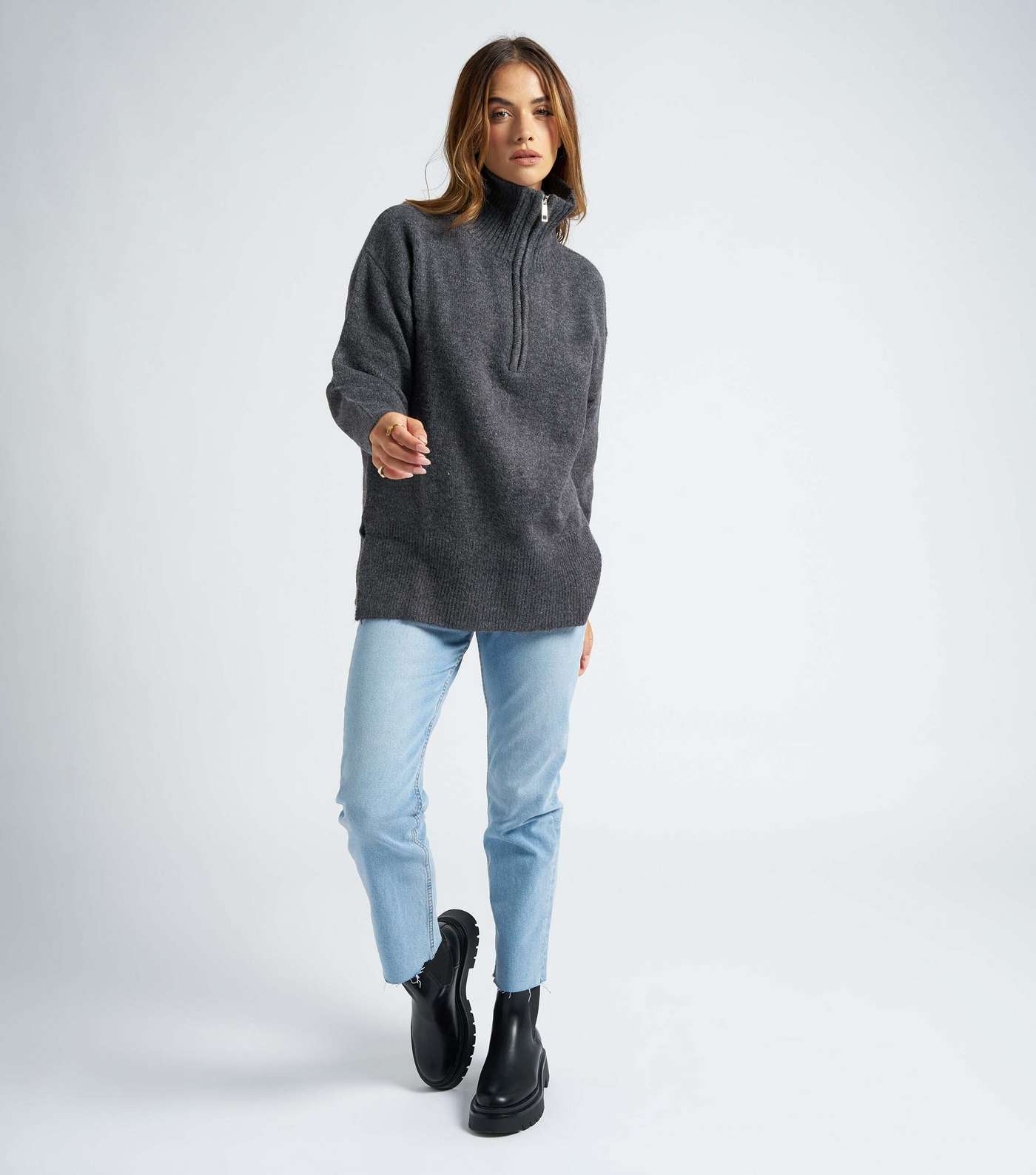 Urban Bliss Dark Grey Knit Zip Neck Oversized Sweatshirt Image 2