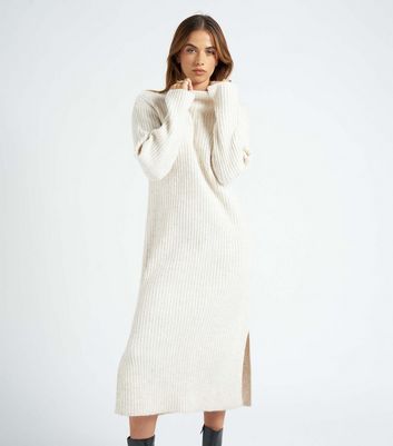 Urban Bliss Cream Ribbed Knit High Neck Midaxi Dress New Look