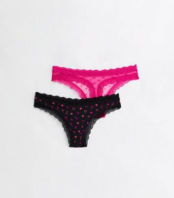 2 Pack Black and Pink Heart Print Lace Trim Thongs New Look