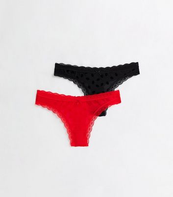 2 Pack Black and Red Flocked Lips Thongs New Look