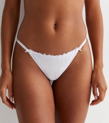 New Look satin thong with lace trim in white