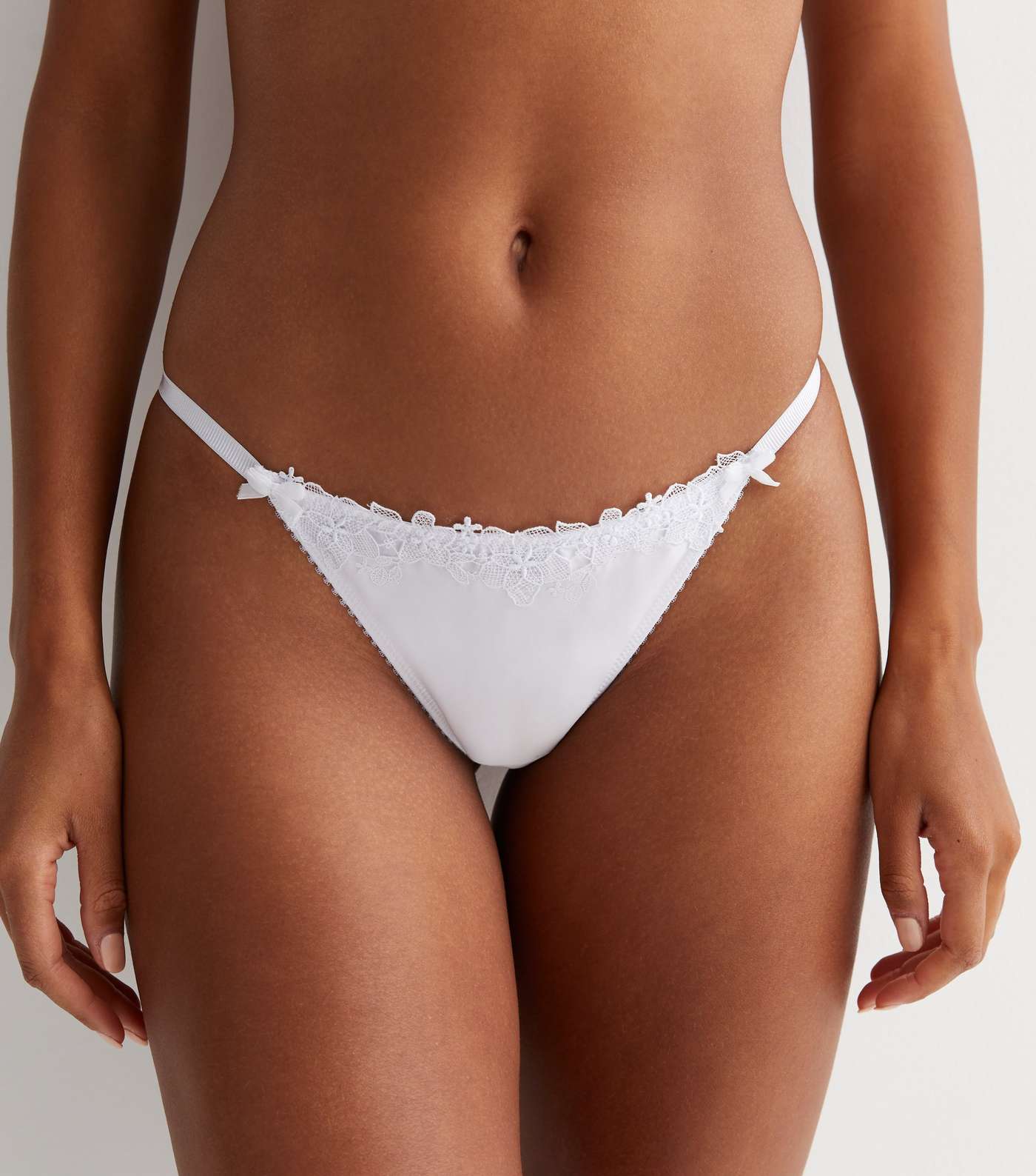 White Satin Embroidered Trim Thong Image 2