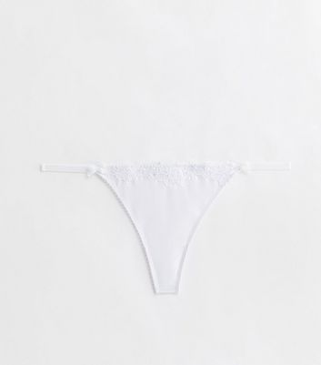 White Satin Embroidered Trim Thong New Look