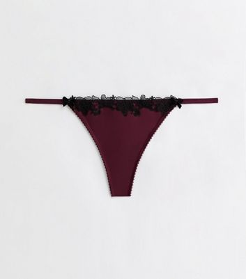 Burgundy Satin Embroidered Trim Thong New Look