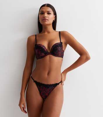 Red Floral Print Satin Embroidered Trim Thong