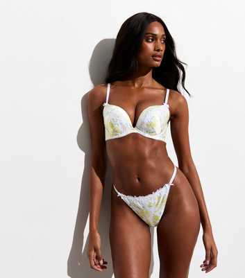 Yellow Floral Print Satin Embroidered Trim Thong