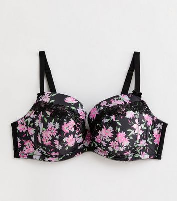 Curves Black Embroidered-Trim Floral Print Satin Bra New Look