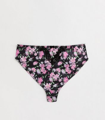 Curves Black Floral Satin High Waist Thong New Look