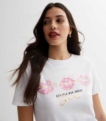 White Floral Metallic Lips Logo T-Shirt