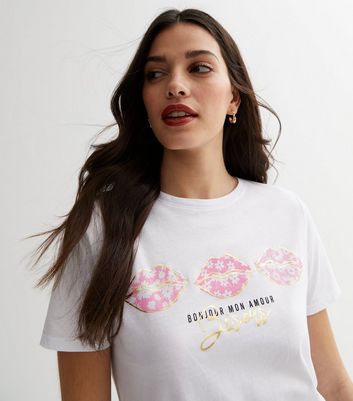 White Floral Metallic Lips Logo T Shirt New Look