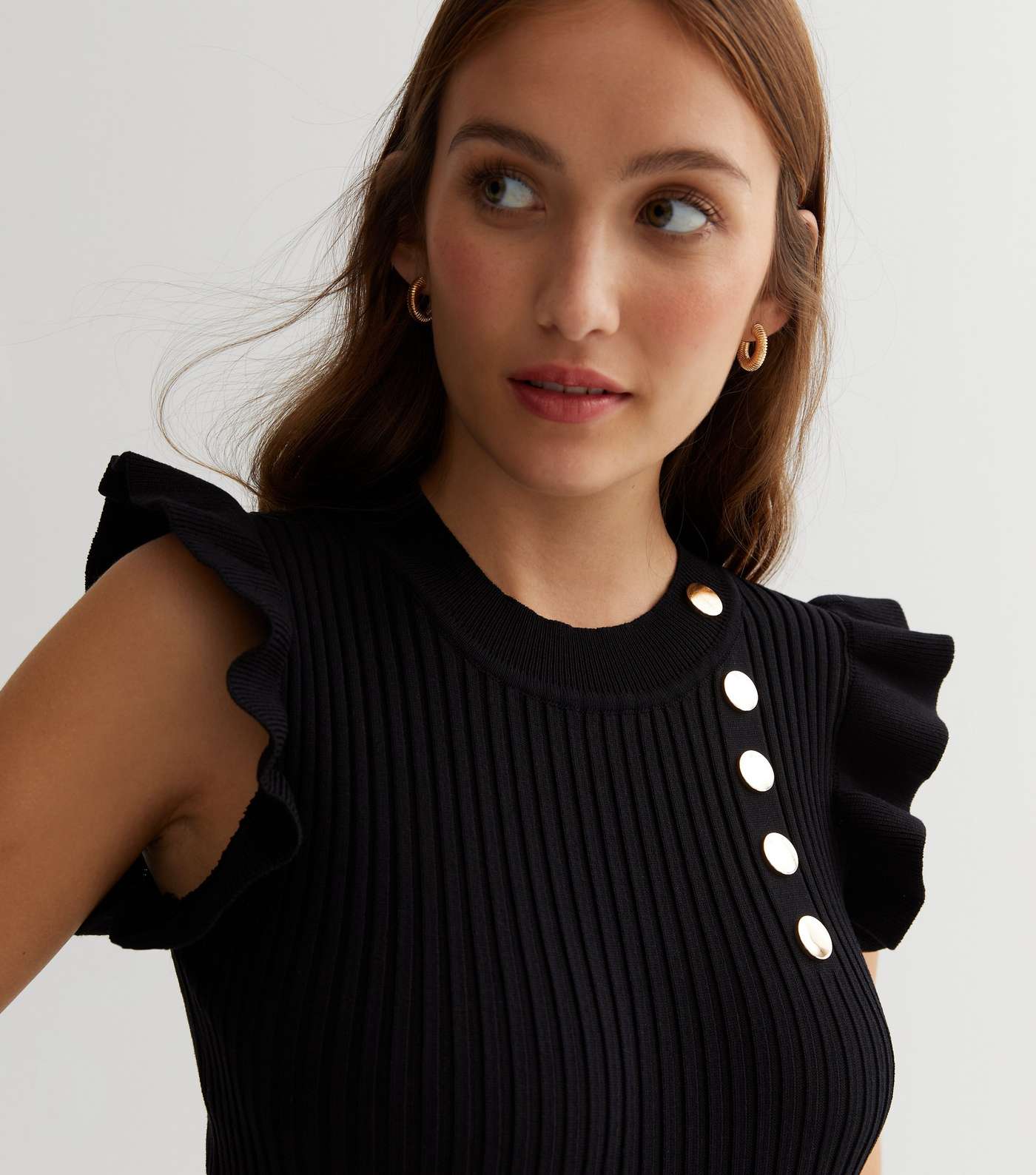 Cameo Rose Black Ribbed Knit Button Frill Top Image 3