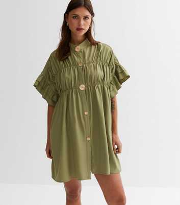 Cameo Rose Khaki Ruched Button Front Mini Smock Dress