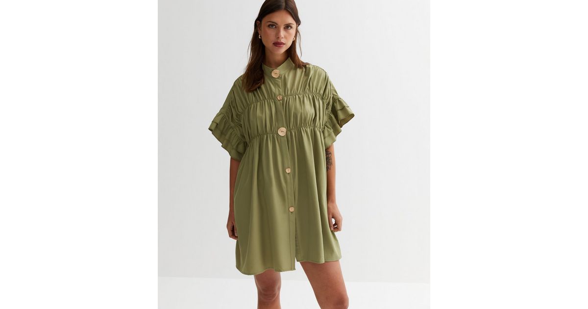 Cameo Rose Khaki Ruched Button Front Mini Smock Dress | New Look