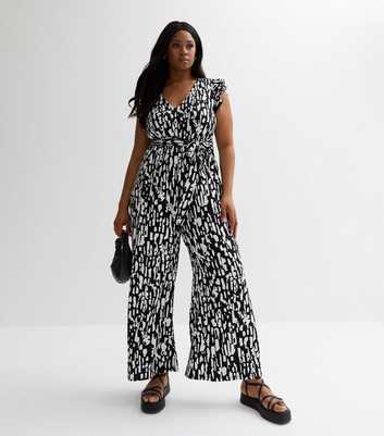 Curves Black Abstract Jersey Belted Jumpsuit