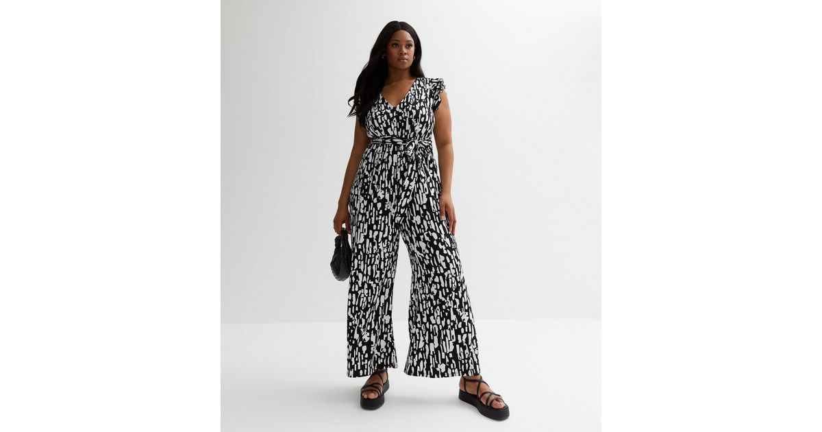 Curves Black Abstract Jersey Belted Jumpsuit | New Look