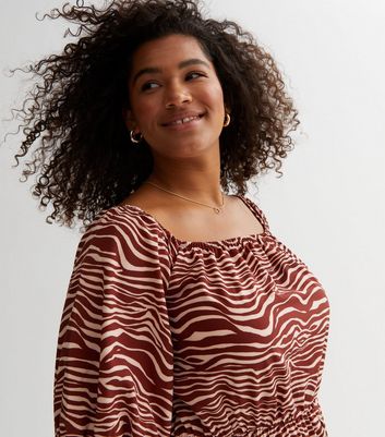 Curves Brown Zebra Print Puff Sleeve Midi Dress New Look