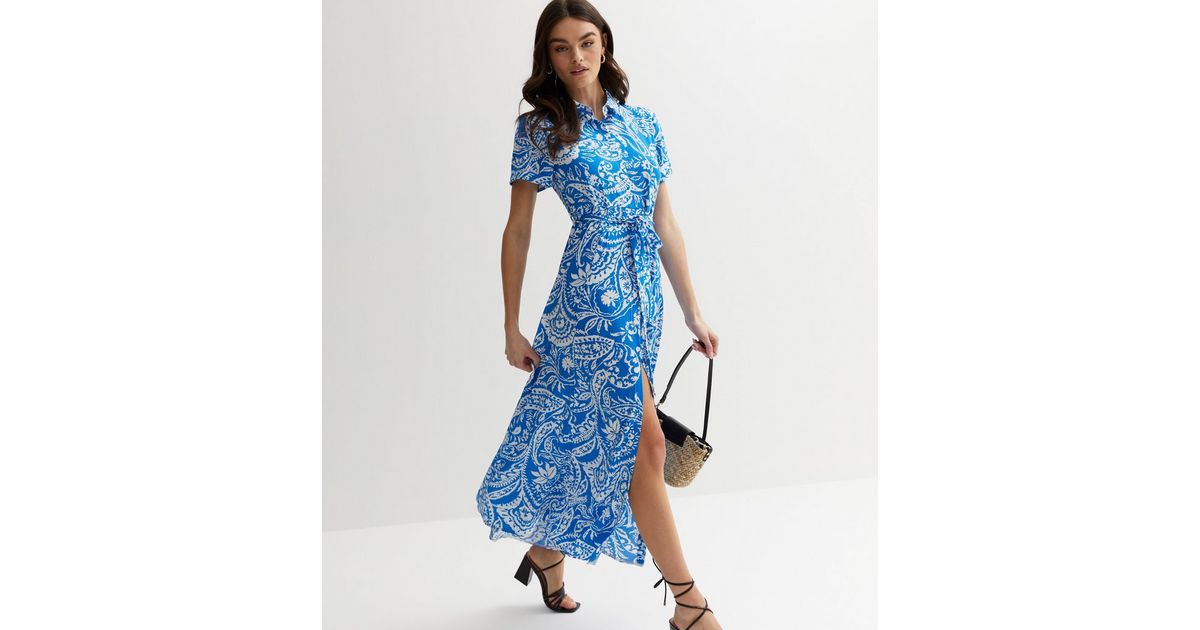 Cameo Rose Blue Paisley Belted Midi Shirt Dress New Look