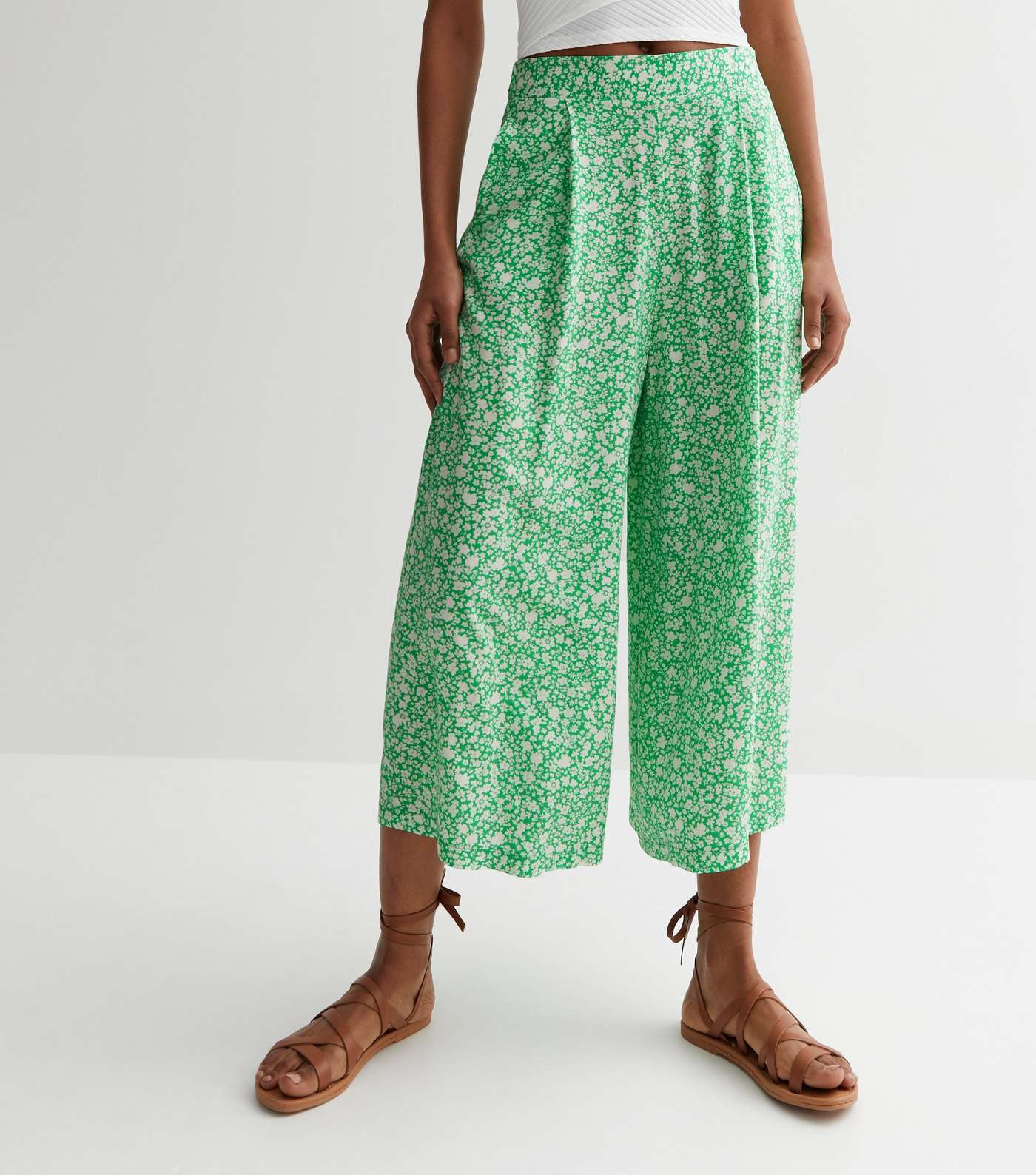 Green Ditsy Floral Wide Leg Crop Trousers Image 2