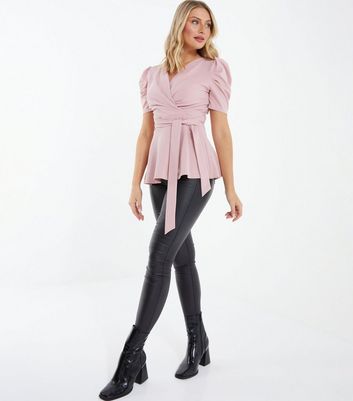 QUIZ Pink V Neck Short Ruched Sleeve Belted Peplum Wrap Top | New Look