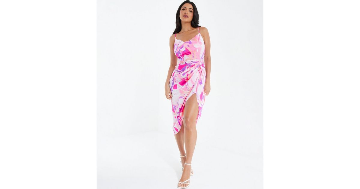 QUIZ Pink Marble Satin Ruched Midi Dress New Look