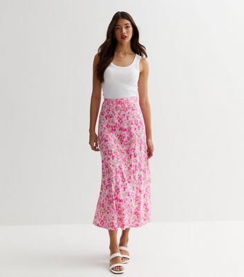 Pink Floral Bias Cut Midi Skirt | New Look