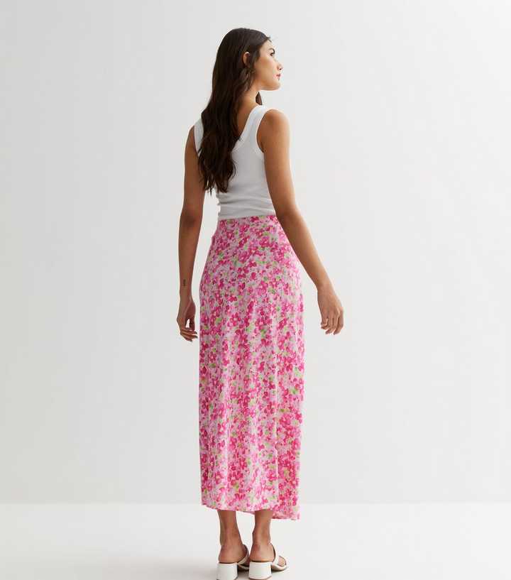 Pink Floral Bias Cut Midi Skirt