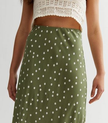 Khaki Spot Satin Midi Skirt New Look