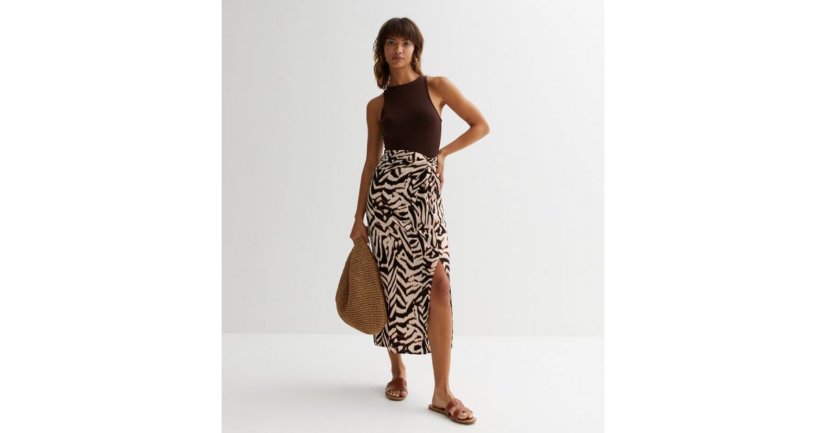 Brown Zebra Print Sarong Midi Skirt New Look