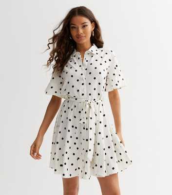 Petite White Spot Belted Mini Shirt Dress