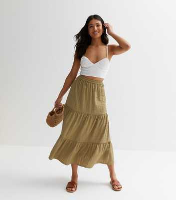 Petite Khaki Textured Tiered Midi Skirt