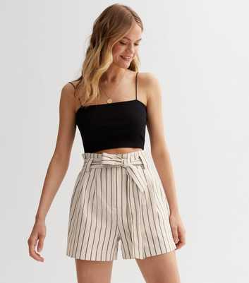 White Stripe Cotton Belted Shorts