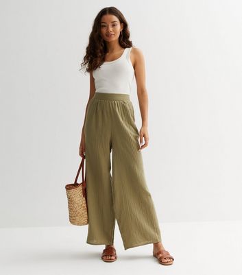 Womens Crinkle Knit Cotton Pull On Wide Leg Cropped Trousers  Lands End
