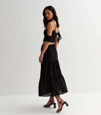 Black High Waist Tiered Midi Skirt New Look