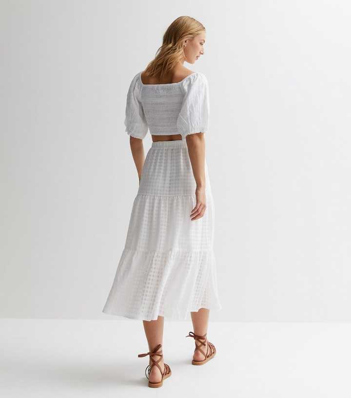 White High Waist Tiered Midi Skirt