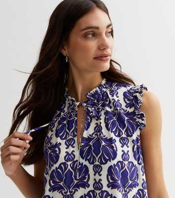Blue Abstract Tie Neck Top