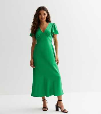 Petite Green Satin Flutter Sleeve Midi Dress