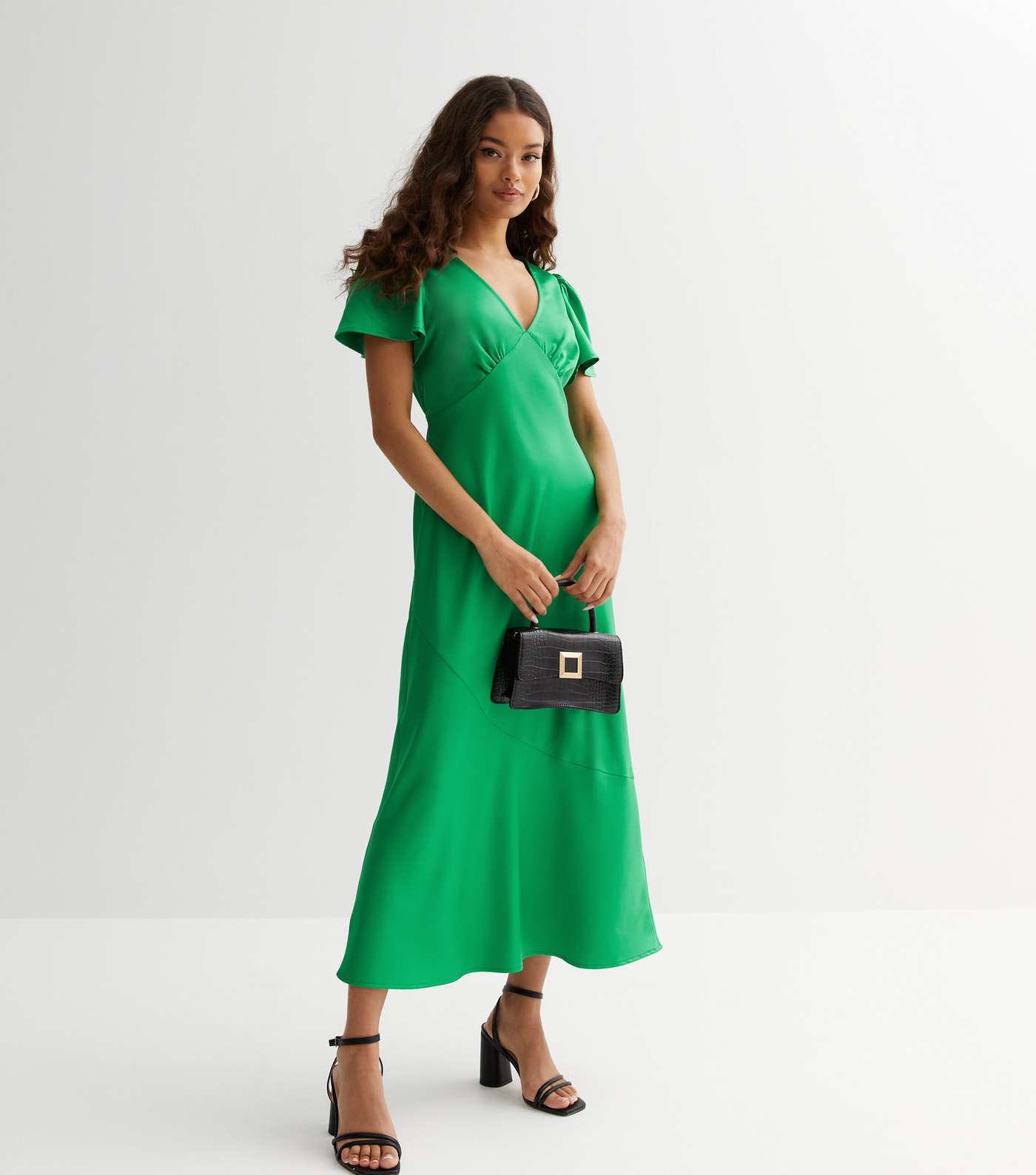 Petite Green Satin Flutter Sleeve Midi Dress Image 2