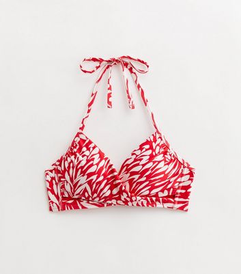 Red Abstract Wrap Crop Bikini Top New Look