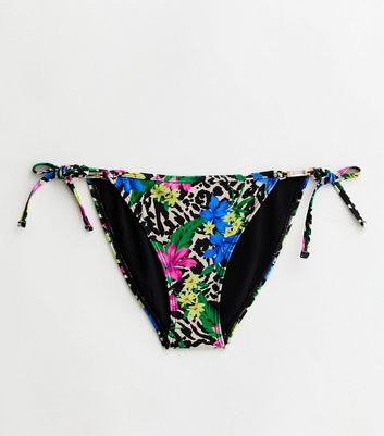 Multicoloured Tropical Print Tie Side Bikini Bottoms New Look