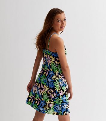 Girls Black Tropical Halter Mini Dress New Look