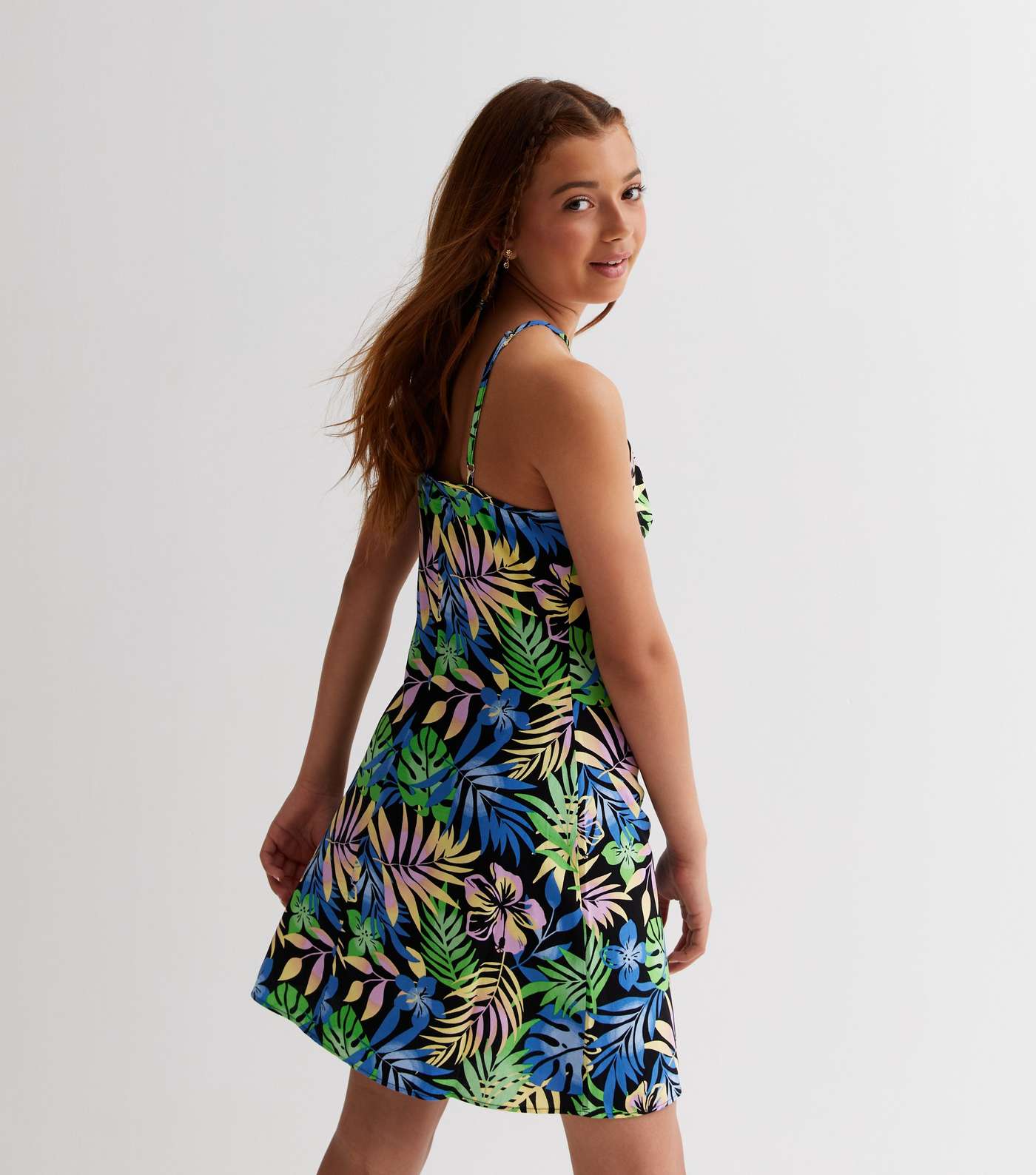 Girls Black Tropical Halter Mini Dress Image 4