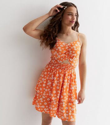 Girls Orange Floral Cut Out Strappy Mini Dress New Look