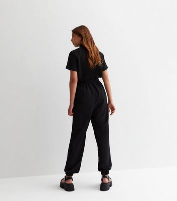 Girls Black Short Sleeve Zip Cuffed Jumpsuit New Look