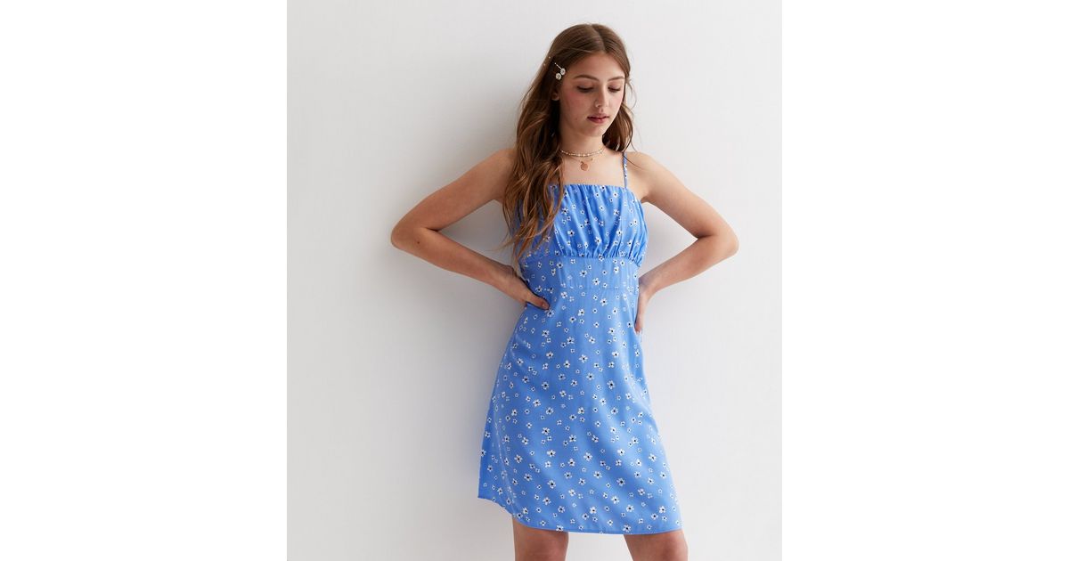 Girls Blue Floral Strappy Ruched Mini Dress | New Look