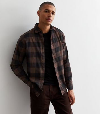 Men's Jack & Jones Dark Brown Gingham Cotton Long Sleeve Shirt New Look