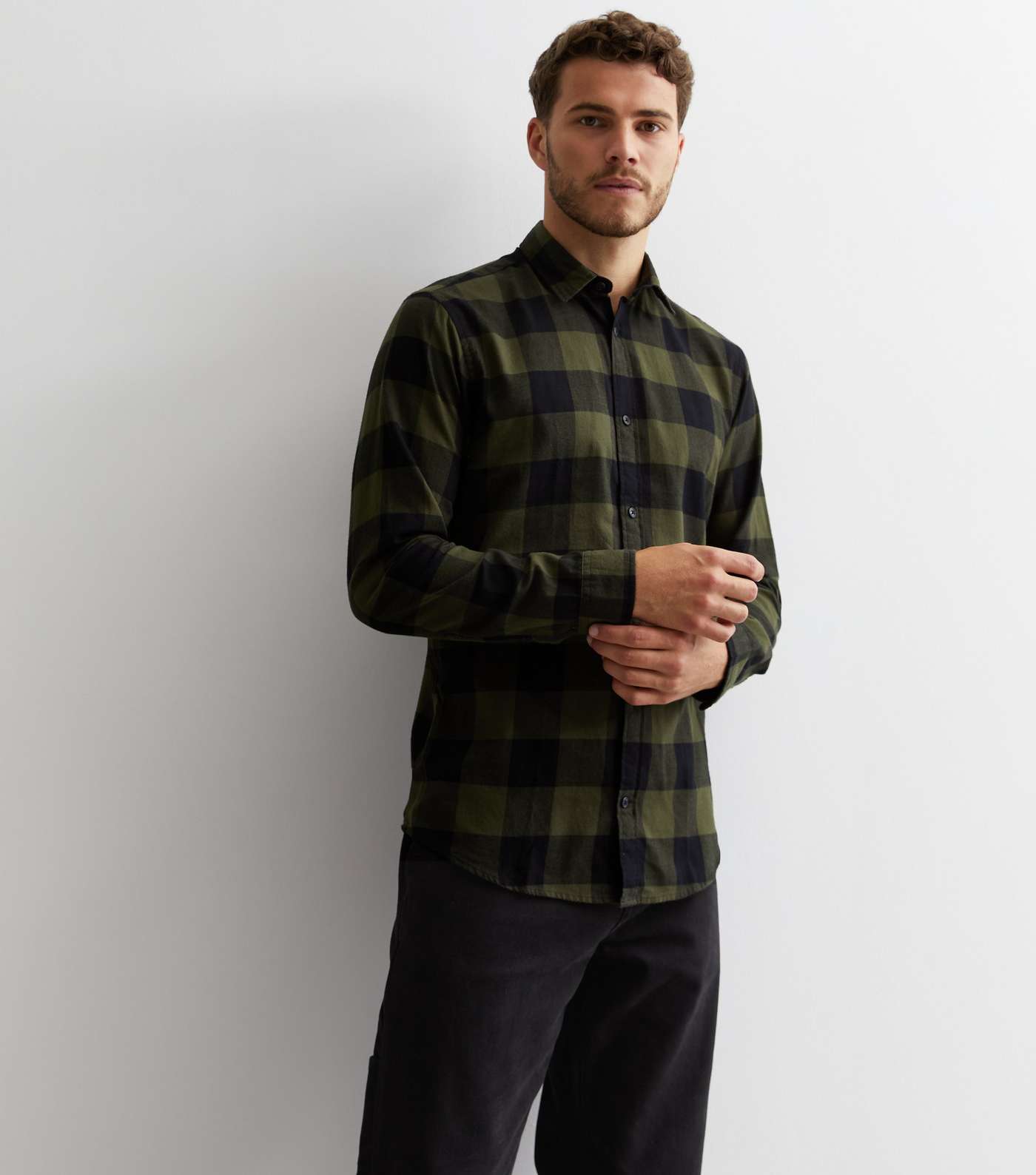Jack & Jones Khaki Gingham Cotton Long Sleeve Shirt Image 2